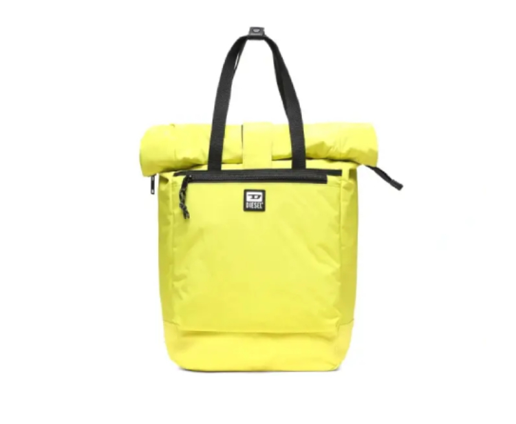 A yellow bag with a roll top and black handles.