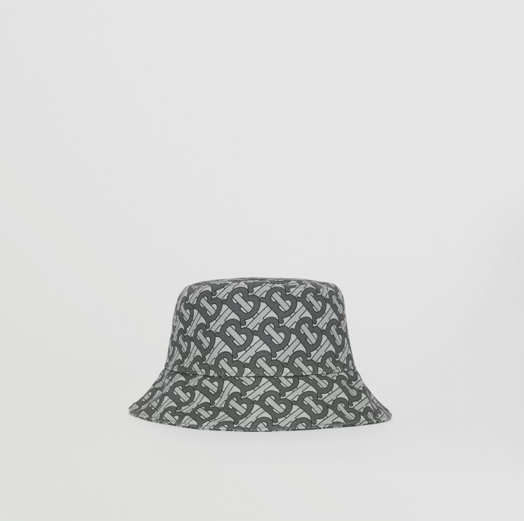 A grey and silver monogram bucket hat