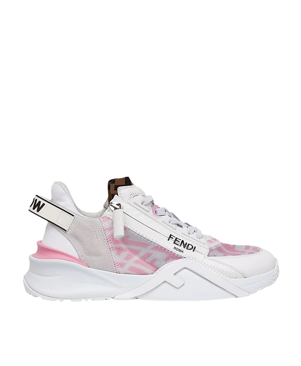 A white and pink fendi flow sneaker with a zip
