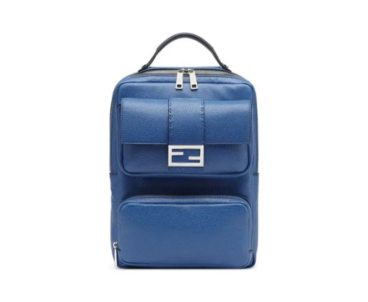 A blue backpack with a silver buckle on the front.