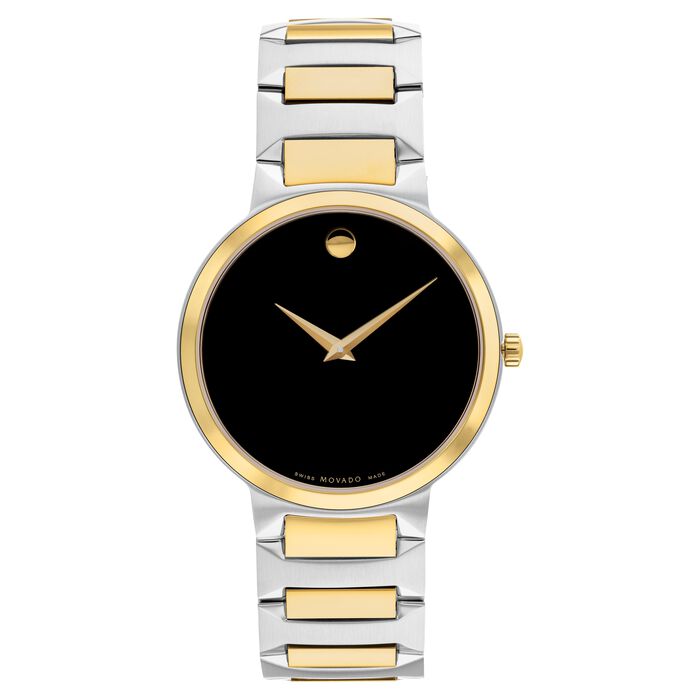 A movado watch with gold and silver band.