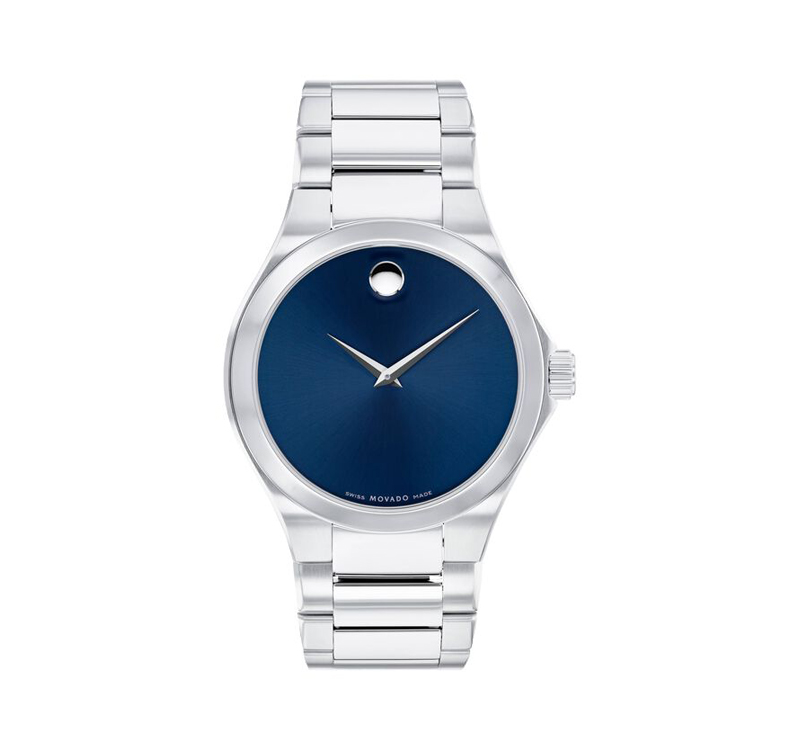 A movado watch with blue face and silver band.