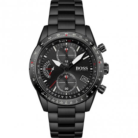 A black hugo boss watch with a red dot on the side of it.