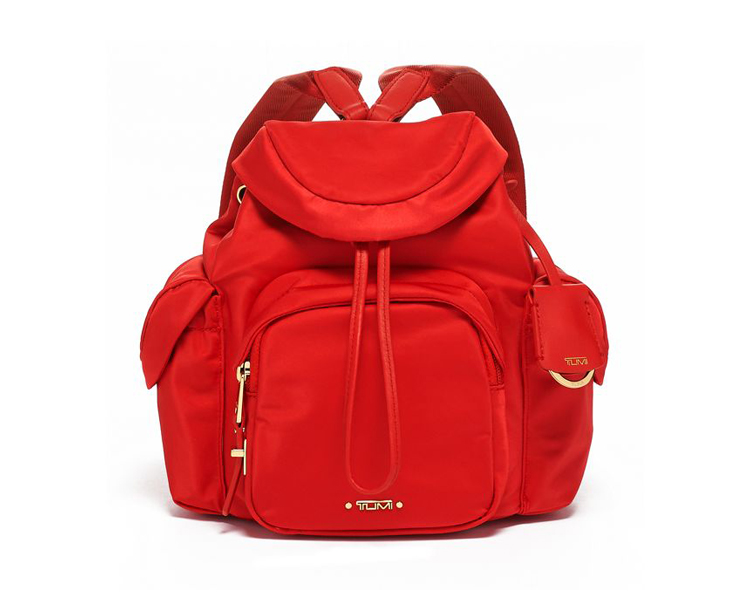 A red backpack is shown on a white background.