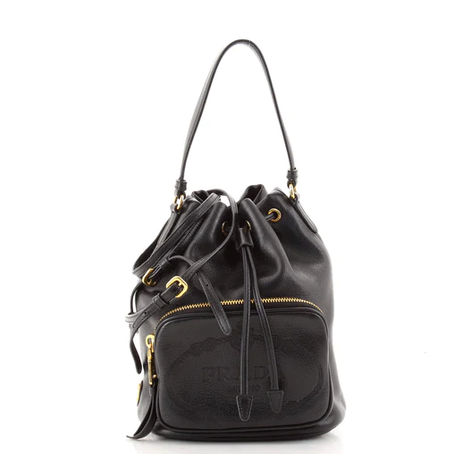 A black leather bucket bag with gold zipper