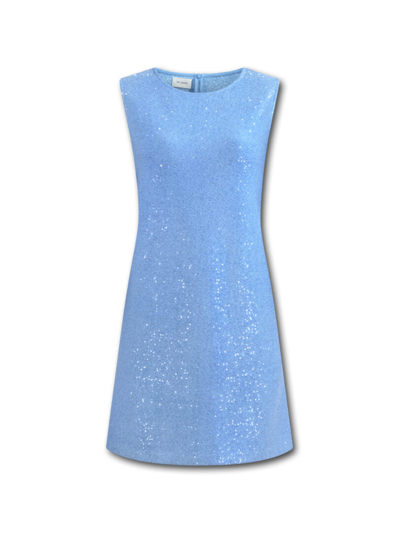 A blue sequin knit jacket and sleeveless a line dress