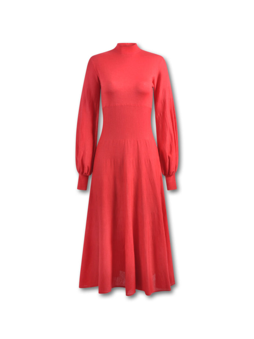 A red dress is shown with long sleeves.