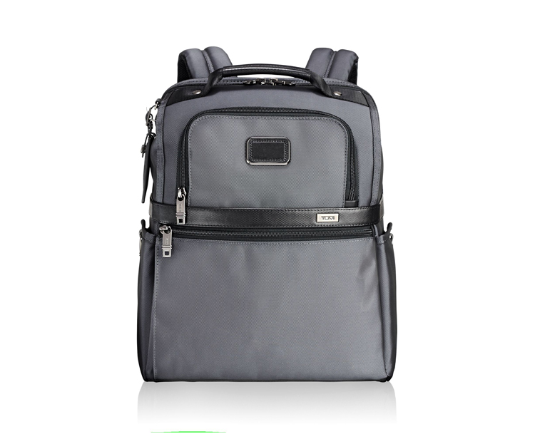 A gray backpack with black trim and an external compartment.