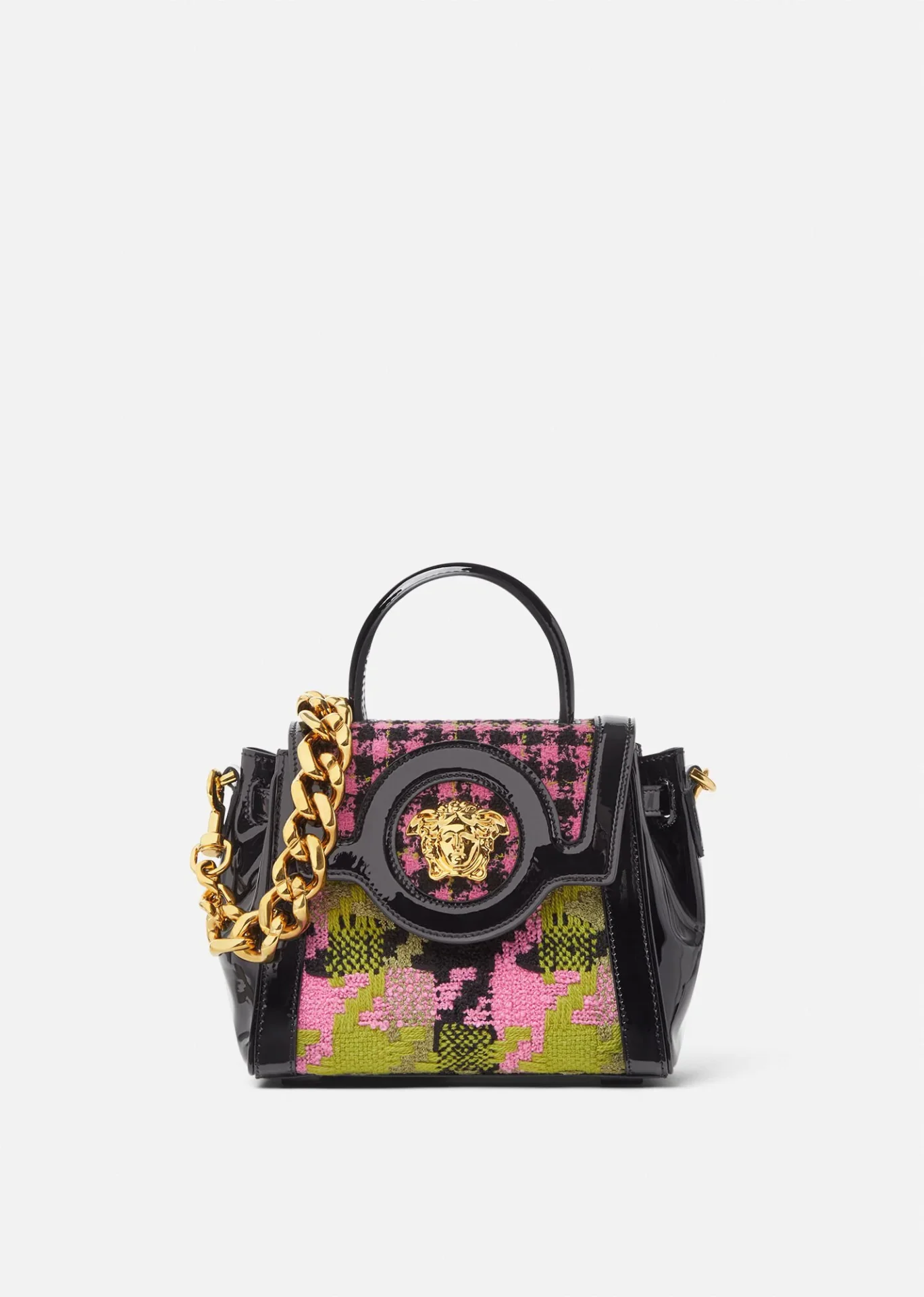 A black and pink purse with gold chain.