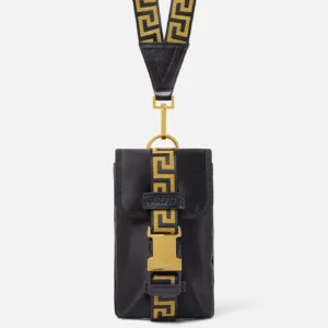 A yellow and black versace greca mini pouch