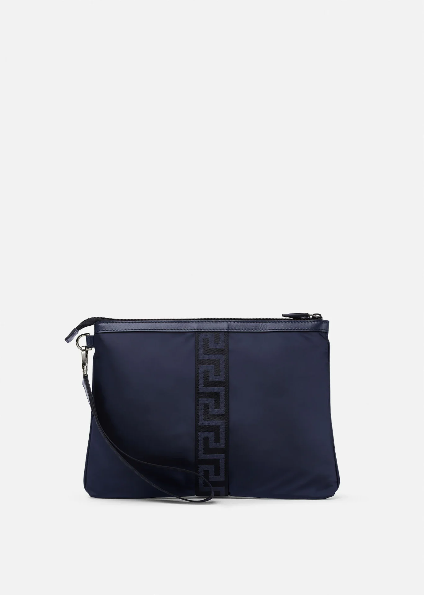 A navy blue black versace greca pouch bag