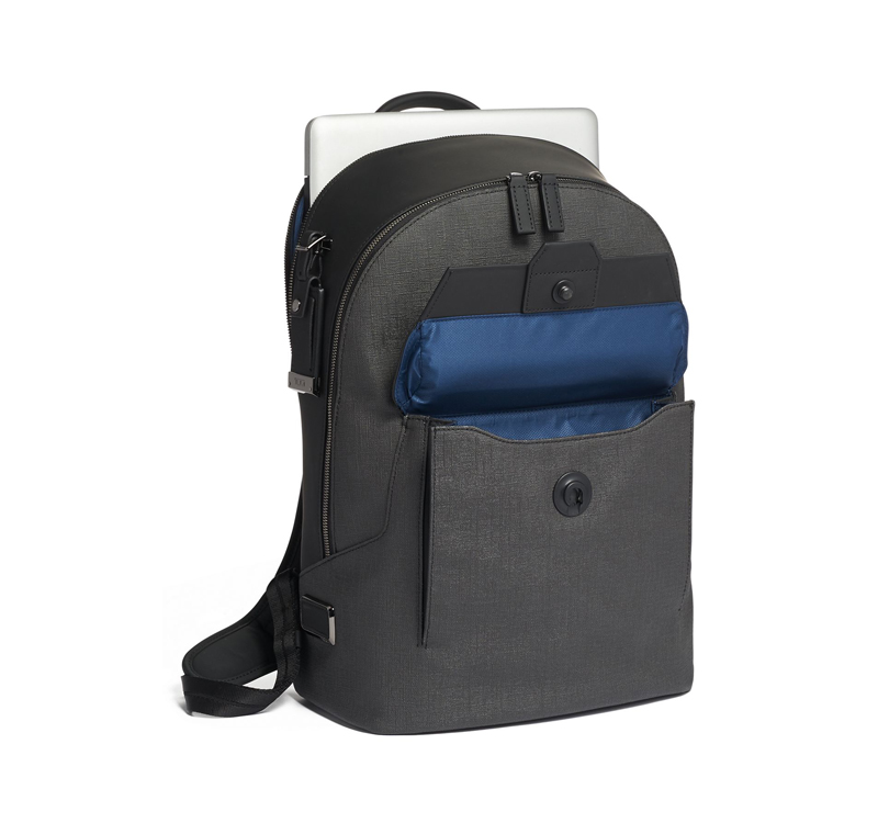 A black marlow backpack with a blue interior