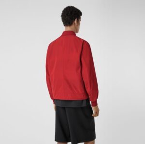 The back view of a model wearing red jacket