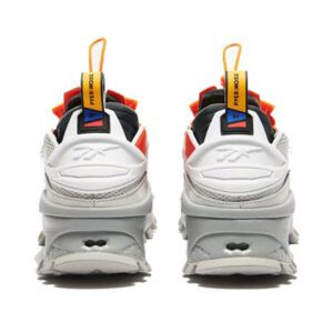 The back view of yellow, orange, and white shoes