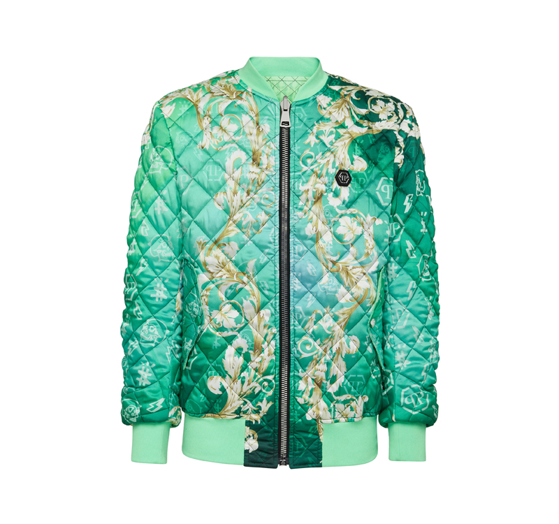 A new baroque green matelasse bomber jacket
