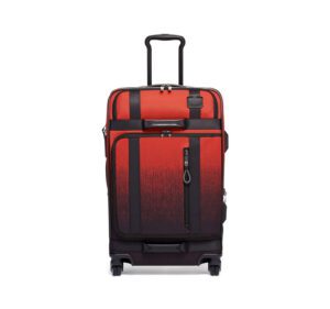A black and red tumi wheeled packing case