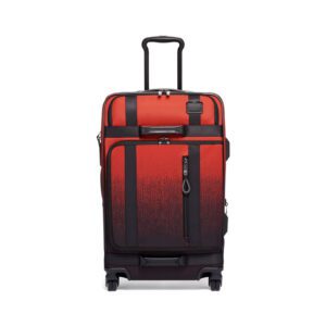 A black and red tumi wheeled packing case