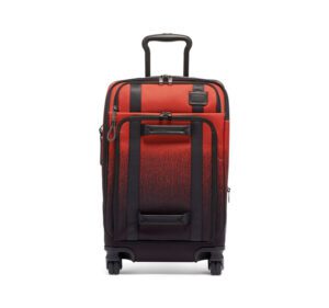 A black and red carry on suit case with wheels