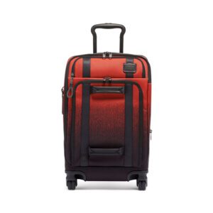 A black and red carry on suit case with wheels