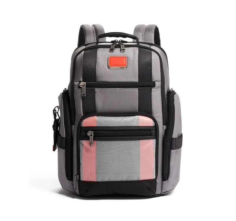 A gray and black backpack with red accents.