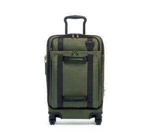 A dark olive and black suitcase with wheels
