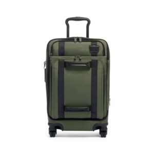 A dark olive and black suitcase with wheels