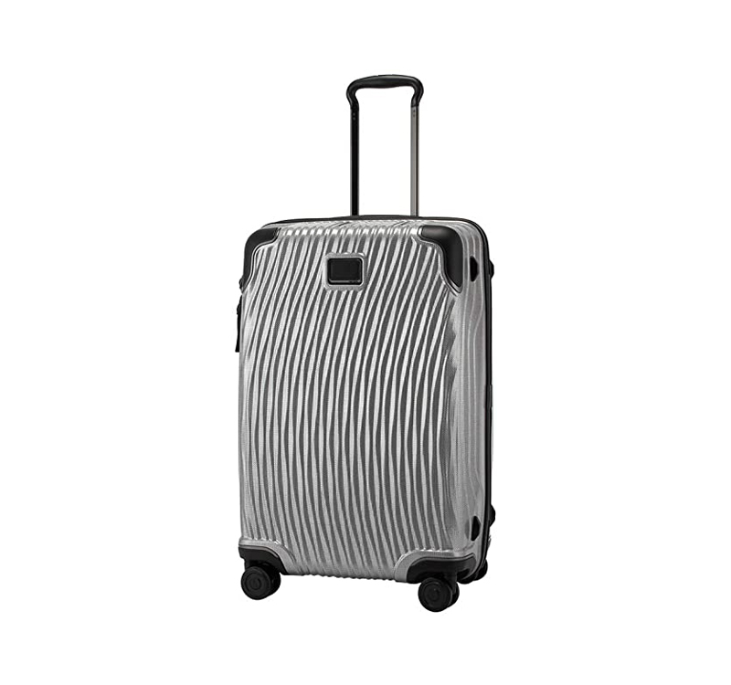 A silver suitcase is shown with no wheels.