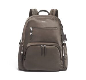 A brown tumi carson backpack with zipper