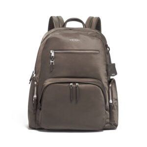 A brown tumi carson backpack with zipper