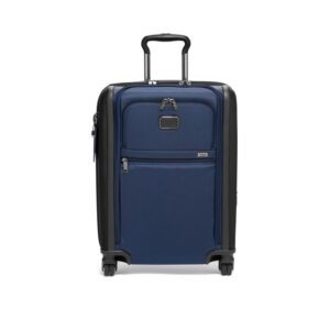 A dark navy blue carry on bag with wheels