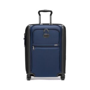 A dark navy blue carry on bag with wheels