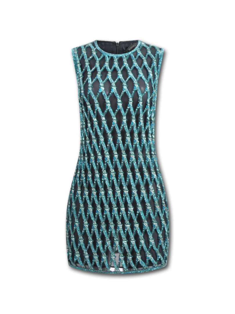 A blue versace cocktail bead dress with net