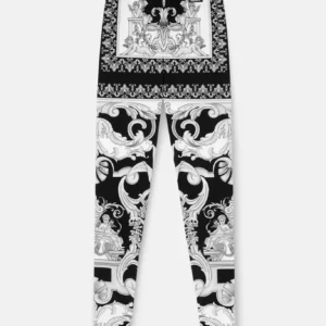 A pair of silver, white, and black baroque leggings