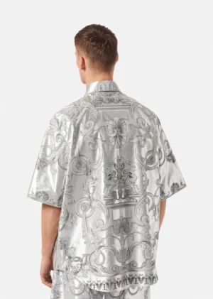 The back view of a male model wearing silk shirt