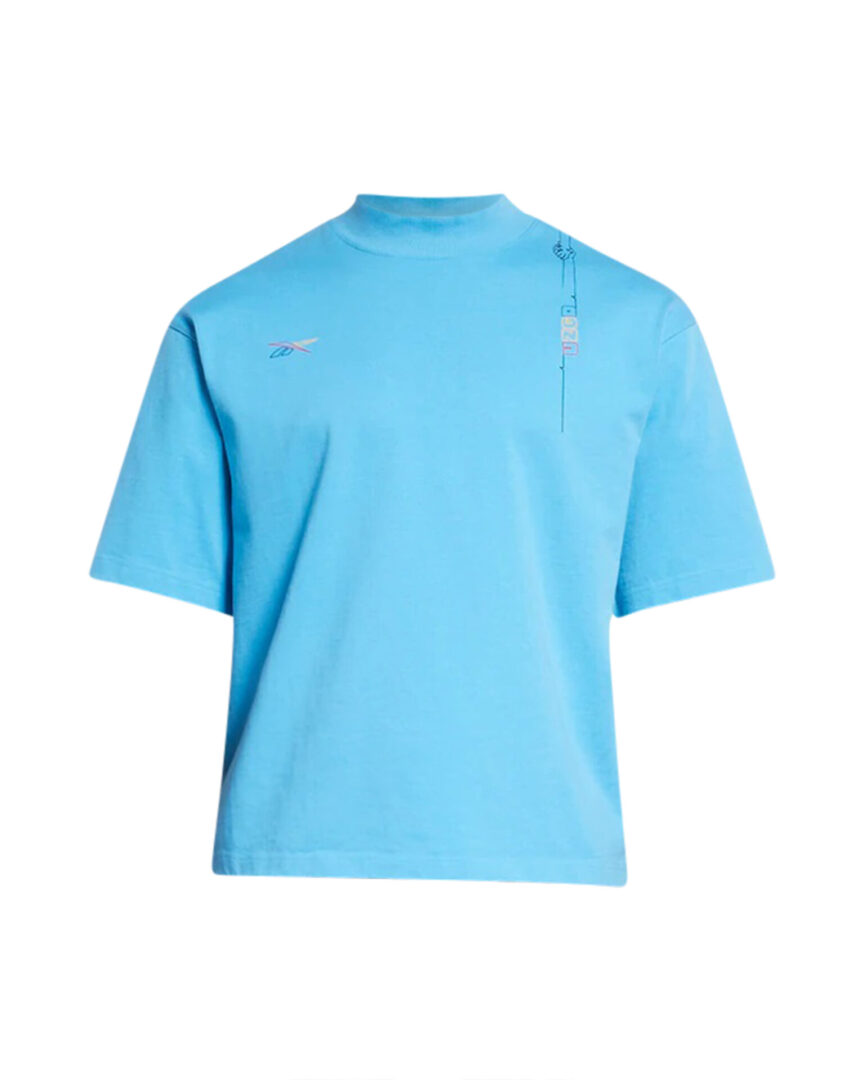 A blue shirt with a broken collar and a small hole.